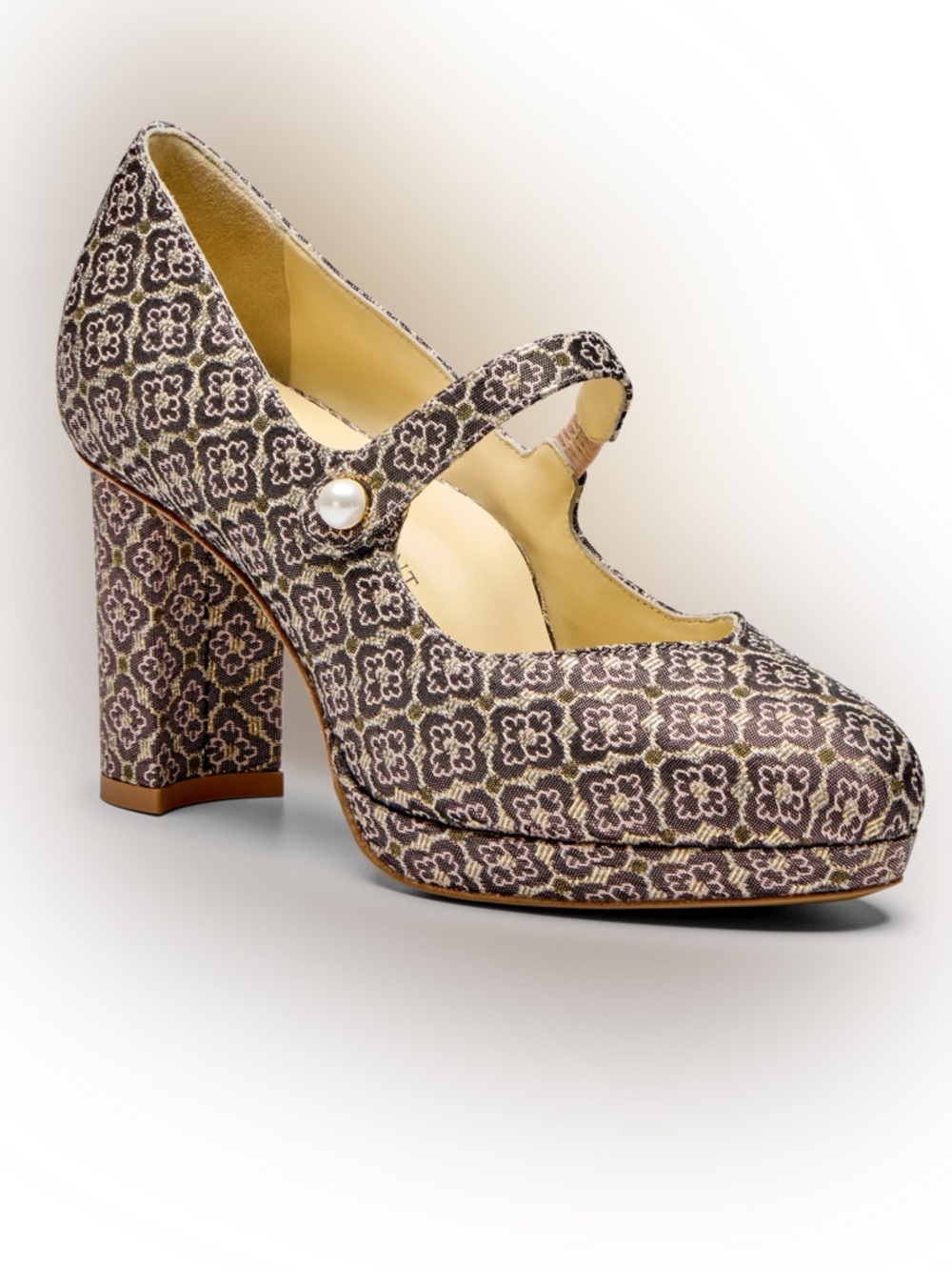 NIB Sarah Flint Plum & Gold Floral Jacquard Mary Jane Pumps - Size IT 39, US 8.5